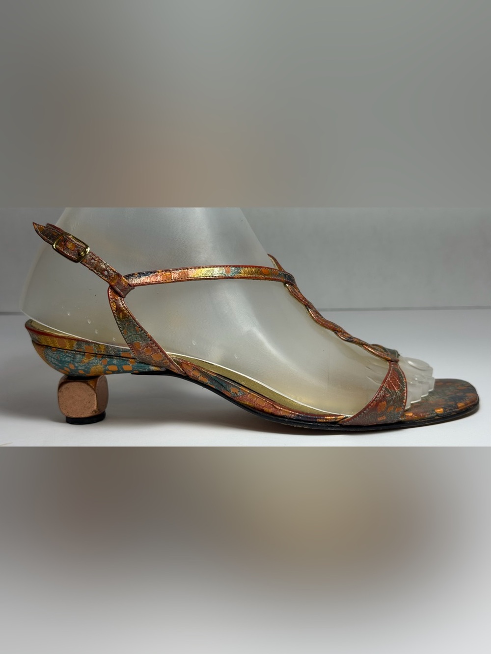 Vintage Timothy Hitsman Metallic Geometric Cube Heel Sandals - 8.5N